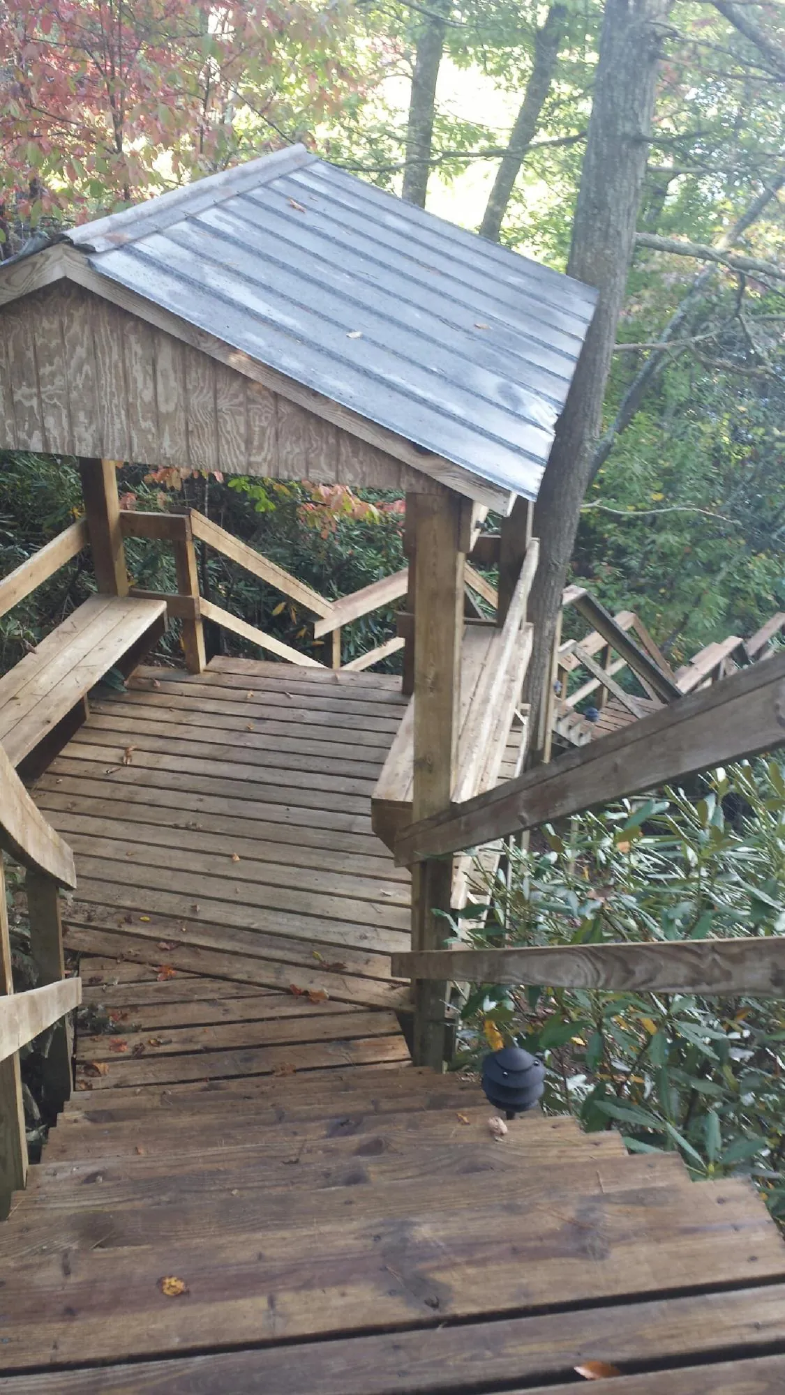 Metal roofed shelter over wooden steps on a wooded walkway — Skylight Repair & Installation work by our crew in La Puente